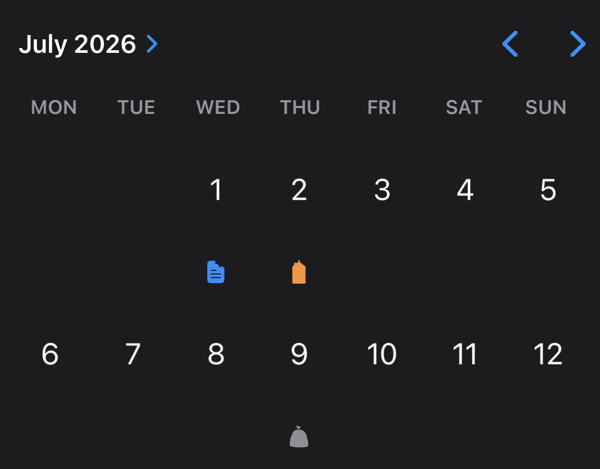 Notice the very tiny icons, when compared to the rest of the text. "Partial screenshot of a UICalendarView, showcasing tiny-looking icons representing an event on a day."