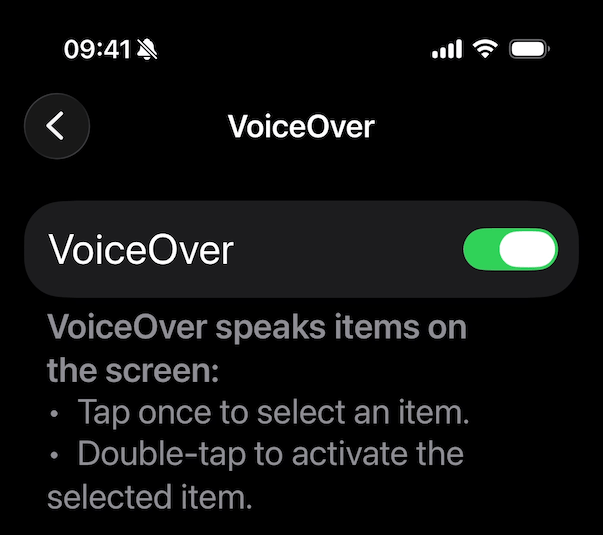 iOS VoiceOver Settings iOS' VoiceOver settings with the toggle set to 'on'