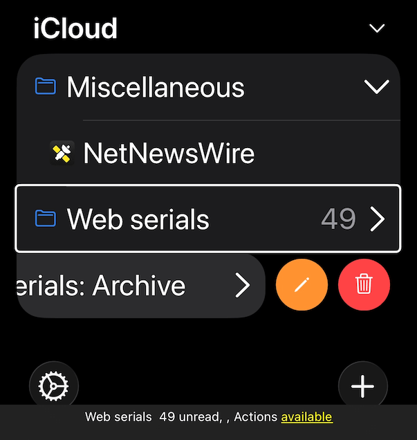 VoiceOver uses gestures to surface hidden and secondary actions A list section with three folder rows. The bottom one is dragged to the left to surface hidden actions. The center row is focused, and the caption panel indicates shows 'Actions available'