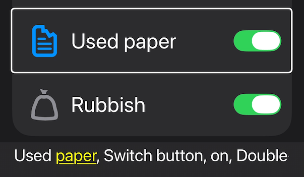A focused toggle A focused toggle with the name 'Used paper' set to 'on'. VoiceOver's caption panel is visible at the bottom