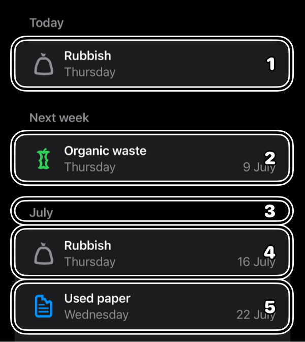 A screen with a list containing three sections. The first two sections have a single row, and only the row is focusable. The third section has its header and each row focusable separately.
