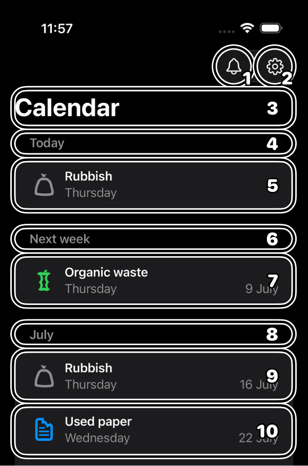 A screen with two toolbar buttons, a screen title and a sectioned list with events. VoiceOver's focus order is as follows; 1 through 3, the two toolbar buttons and the screen title; 4, the first section title; 5, the only row in that section; 6, the next section title; 7, the only row in that section; 8, the next section title; 9, the first row in that section; 10, the second row in that section. There are more rows off-screen.